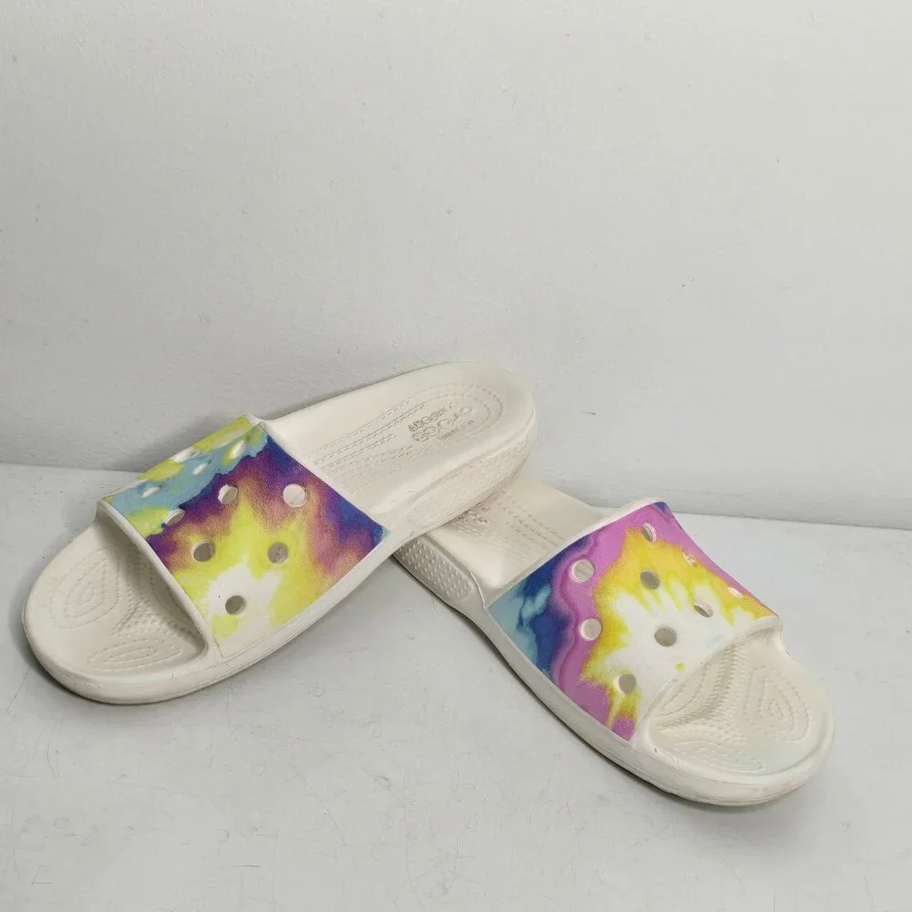 CROCS Classic Slide Kids Sandals Mens 3 / Womens 5 Tie Dye Graphic White